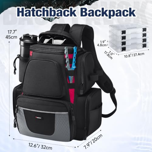 Piscifun Fishing Tackle Backpack with 2 Rod Holders, 4 Boxes & Rain Cover | Multi-pocket storage, fits 3600/3700 trays, bottle holder, padded straps for bank fishing - color: Black
