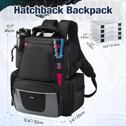 Piscifun Fishing Tackle Backpack with 2 Rod Holders, 4 Boxes & Rain Cover | Multi-pocket storage, fits 3600/3700 trays, bottle holder, padded straps for bank fishing - color: Black