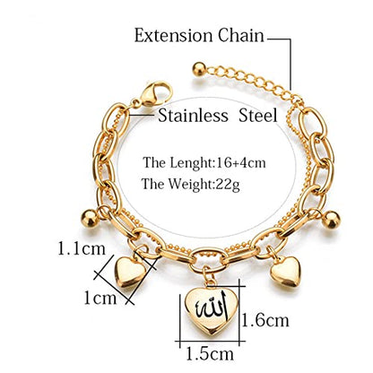 ZKXXJ Allah Bracelet for Women Teen,Muslim Islamic Link Bracelet with Heart Charm Jewelry Islam Arabic God Charm Stainless Steel 2 Layers Chain Bracelet,Adjustable - color: Gold