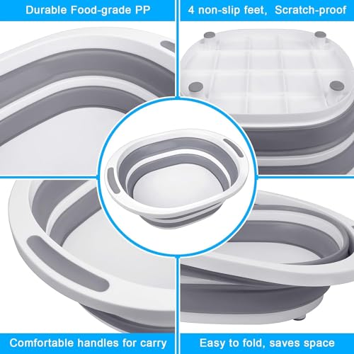 Collapsible Wash Basin, 7.5L Dish Tub Sink Basin Folding Dish Pans for Kitchen Sink, 2-in-1 Dishpan + Cutting Board, Portable Sink Dish Basin for Camping BBQ Prep Tub Washing Bin Bucket with Lid - style: With Lid