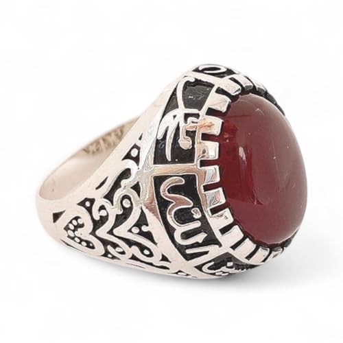Islamic Sterling Silver Ring with Black Yemeni Aqeeq Stone, 925 Silver Religious Engraved Design, Ahlulbayt Muslim Prayer Jewelry for Men and Women,islamic ring,islamic men wowan ring - color: Red Yemeni Agate
