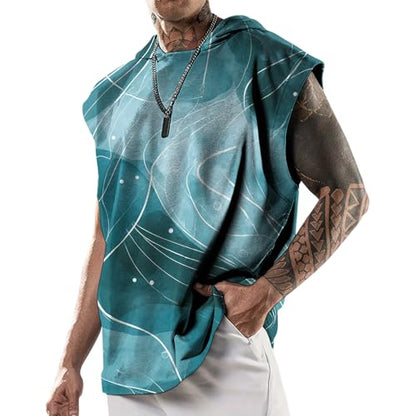 domirica Mens Relaxed Hooded Tank Tops Abstract Print Crewneck Casual Breathable Summer Fitness Sleeveless Shirt - color: Aquaswirl, size: Large