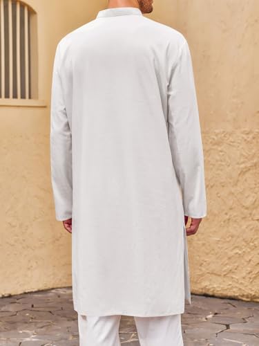 Runcati Mens Kaftan Thobe Button Down Henley Shirts Robe Long Sleeve Casual Cotton Pleated Muslim Gown Shirt - color: White, size: XX-Large