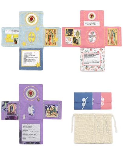 Onism Pocket Prayer Quilt with Cross, 3 Pack Spanish, Pink Blue Purple Set | Handcrafted handheld shrine, soft velvet backing, scripture verses inside, baptism keepsake for women, portable travel altar - color: 3pcs Pink、purple、blue – Large (No Pocket)
