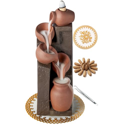 Unique Cascading Basins Ceramic Waterfall Incense Holder, Paired with a Pack of Backflow Incense Cones. (Primary) - color: Primary