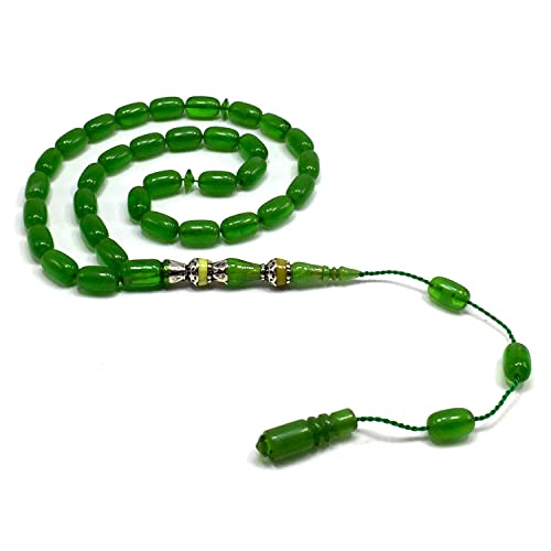 EXCLUSIVE COLLECTION -Handmade Silver Engraved Bakelite Tesbih, Tasbih, Islamic Rosary, Islamic Prayer Beads, Misbaha (6x11 mm 33 Lime Green Beads) - color: 6x11 mm 33 Lime Green Beads