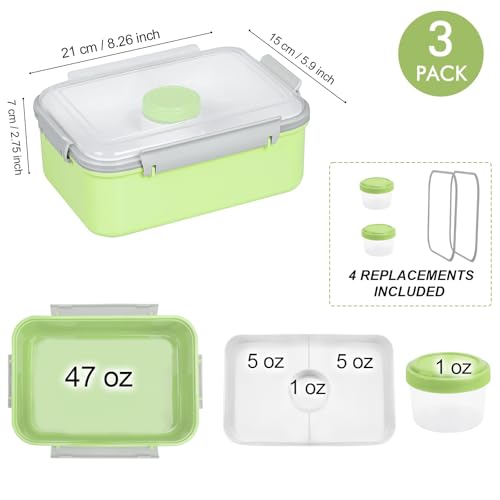 3 Pack Salad Lunch Box Food Storage Containers, 47oz Bento Box To Go Container with Lids, ReusableMeal Prep Containers with Removable Tray & Dressing Pots for Kids and Adults, Microwavable - color: Pink & Green & Light Blue