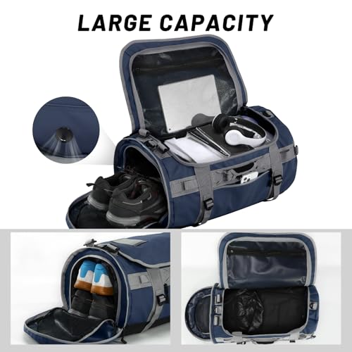 MIER 여행용 캠핑 체육관 스포츠용 대형 더플 백 백팩, 45L/60L/90L | 방수, 컨버터블 더플, 탈착식 백팩 스트랩, 신발 수납 공간, 튼튼한 타폴린, 3가지 사이즈 - color: 네이비 블루, size: 60L