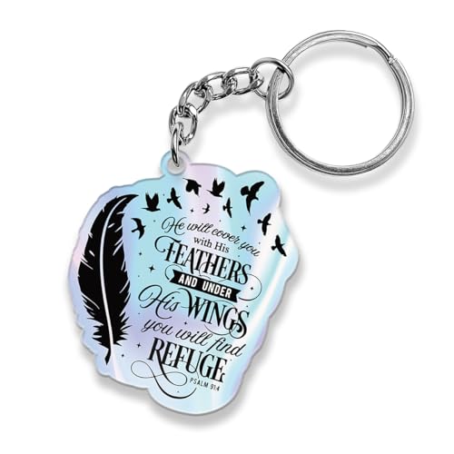 Christian Keychains for Women Men, Bible Verse ID Acrylic Material Keychains for Bag Accessories, Religious Gift for Nurses, Teachers and Healthcare Staff -Psalm 91 4 - color: Psalms 9 4