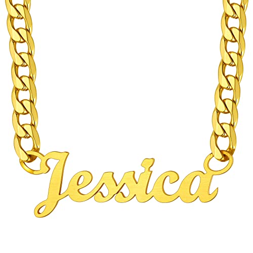 Custom4U Personalized Cuban Link Chain for Women, Silver/Black/Gold Plated Stainless Steel Cuban Chain Men Names Necklace, Customized Gift for Her(with Gift Box) - color: C-02-Gold, size: 18 Inches