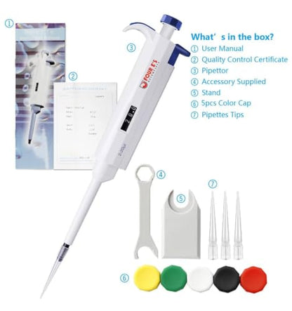 FOUR E'S SCIENTIFIC 2-20μL Pipette, Single-Channel Adjustable Pipettor | Manual Micropipette, Clear Volume Display, Lightweight Ergonomic Design - size: 03 (2-20ul)