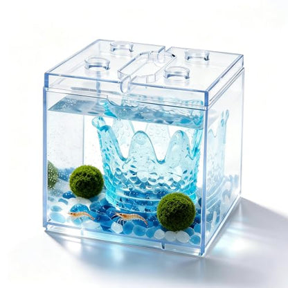 Mini Sea Monkey Tank, Small Betta Fish Aquarium Kit for Temporary Use, 0.2 Gallon Stackable Tiny Cube Tank with Gravels & Aquarium Decor for Raising Brine Shrimp, Seaweed Balls