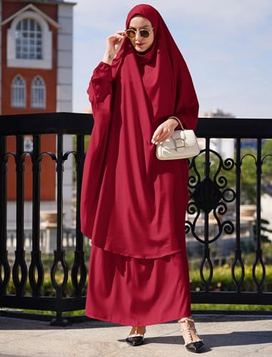 Abayas for Women Muslim Chiffon Prayer Burqa Dress Burkas for Women Muslim Hijab Dress Full Length Islamic Veil Abaya Set - color: Burgundy