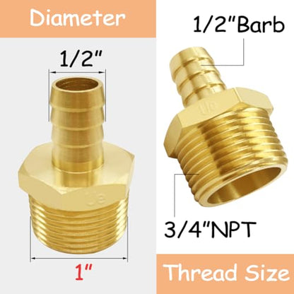 Uenede 3PCS Brass Hose Barb Fittings 3/4" NPT Male to 1/2" Barb Adapter Connector Include 3 Stainless Steel Clamps for Water/Oil/Gas - size: 1/2"Barb, style: 3/4"NPT Male