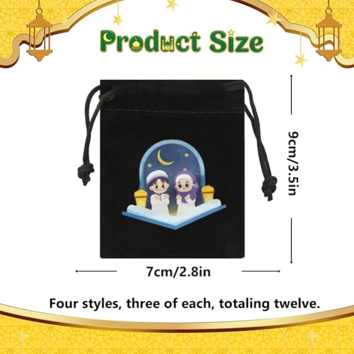 12 Pcs Mini Ramadan Velvet Drawstring Bags,Eid Mubarak Gift Bags Islamic Mosque Moon Star Drawstring Pouches Dice Jewelry Packing Bag for Arabic Muslim Islam Eid al-Adha Party Favor,2.7x 3.5 Inch