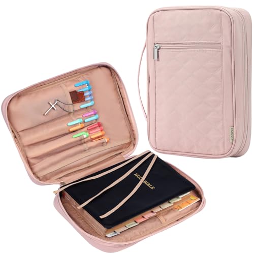 FINDCOZY Bible Cover for Women, Durable Carrying Book Case Church Bag for Biblical Accessories with Handle and Zippered Pocket, for Scriptures, Pink - color: Pink, size: Medium