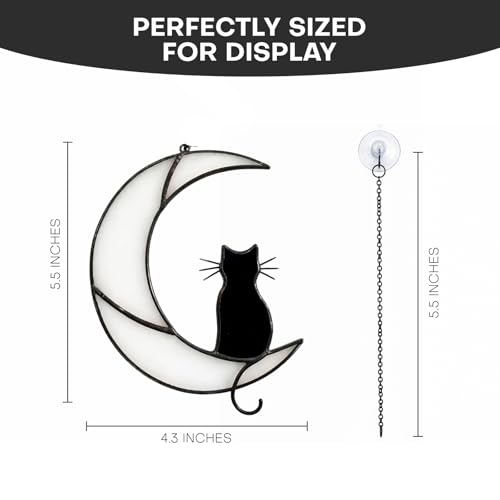 Cat Moon Stained Glass Suncatcher, Window Hanging Decor, Black & White - color: White Black
