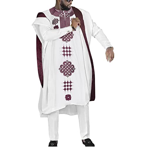 HD African Mens Apparel Agbada Clothing Embroidery Dashiki Shirts and Pants Outfits 3 Pieces - color: White-73, size: Large