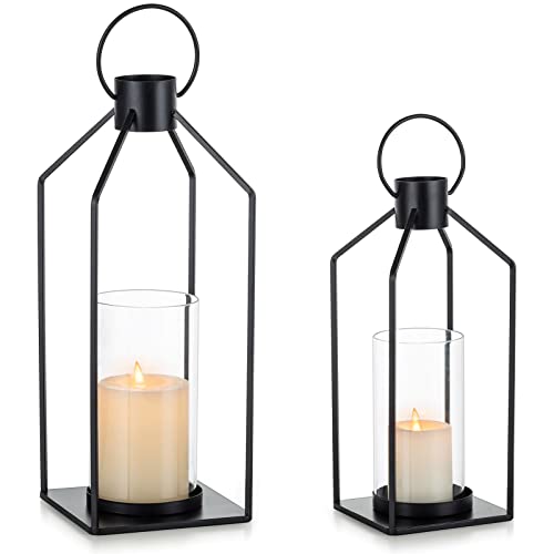 NUPTIO Decorative Lantern Candle Holder: Black Lantern with Hurricane Glass - color: Black