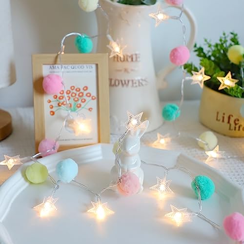 ChiRee Star Fairy Lights with Pom Poms for Girls Boys Room Decor - color: Pink Blue-Star