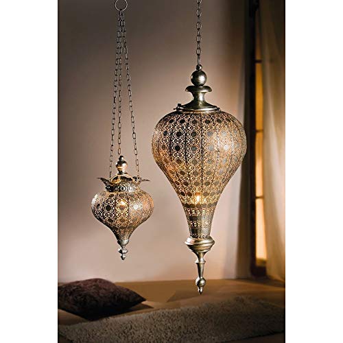 Westcharm Set of 2 Antique Silver Oriental Moroccan Ramadan Lantern Metal Hanging Pendant Lights Candle Lantern Lamps Decorative Décor Indoor Outdoor, 1 Small + 1 Large Combo - size: 1 Small+1 Large