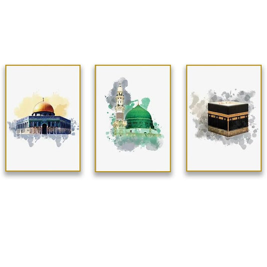 fafawmp Set of 3 Islamic Canvas Painting Islamic Mosque Dome Rock Temple Wall Art Posters Canvas Painting Print Picture Modern Living Room Interior Home Decoration 16x24inchUnframed - color: A38, size: 40x60cm