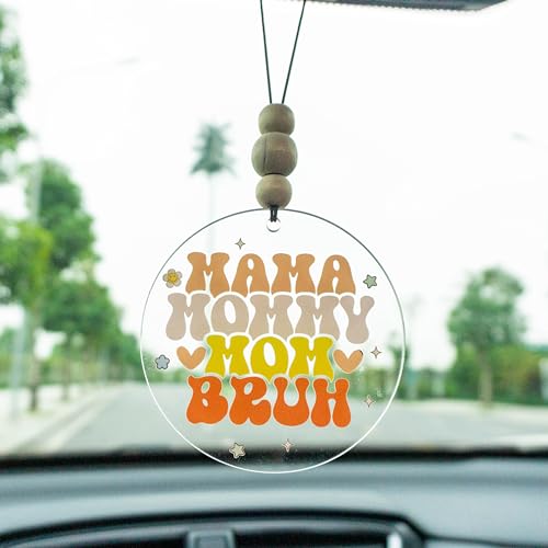Talataca Mama Mom Bruh 2D Flat Car Ornament & Wood Beads, Funny Quote Beaded Rear View Mirror Accessories, Retro Rearview Hanging Charm, Christmas Tree Decor - color: 38