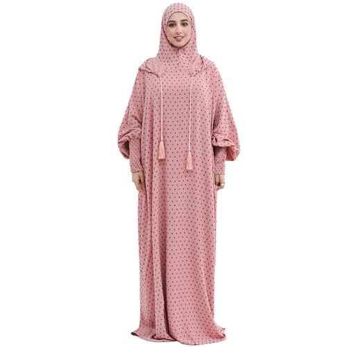 Upgraded Abaya Dress for Women 1PC Hoodie Polka Dot Modest Prayer Robe - color: Pink, size: Size 1