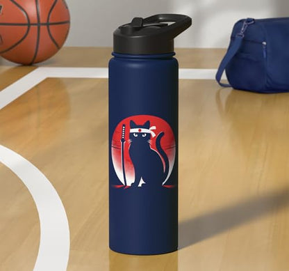 Japanese Cats Lovers Retro Cool Fighting Ninja Cat Fighter Stainless Steel Insulated Water Bottle - color: Navy Blue