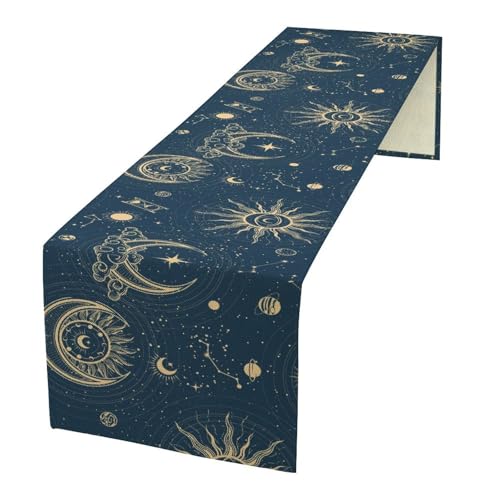 Retro Sun Moon Table Runner, Boho Sun Face Witchy Aesthetic Magical Astrology Tarot Star Chart Blue Table Runner for Kitchen Dinning Party Holiday Decor, 13x36 Inch - color: Sun Moon-6, size: 13"W x 36"L