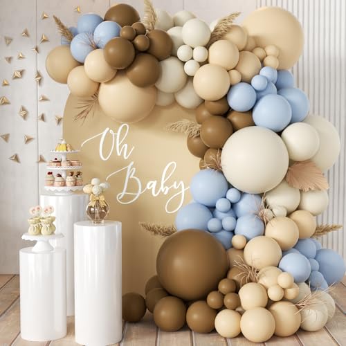 MEBAY Dusty Blue Brown White Balloon Arch Kit, 166Pcs Boho Dark Brown Pastel Blue Sand White and Nude Balloons Garland for Baby Shower Gender Reveal Birthday Party Decoration - color: Blue-brown-white