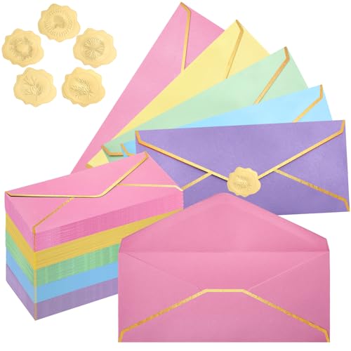 Jetec 100 Pcs Colorful #10 Business Envelopes with Gold Border and Stickers Mailing Pretty Standard Letter Size Envelopes for Graduation Wedding Office Check Invoices Greeting Cards (Macarons) - color: Macarons