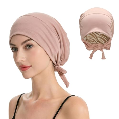 ZLYC Satin Lined Hijab Cap for Women Tie Back Undercap Underscarf Hat - color: Solid Pink