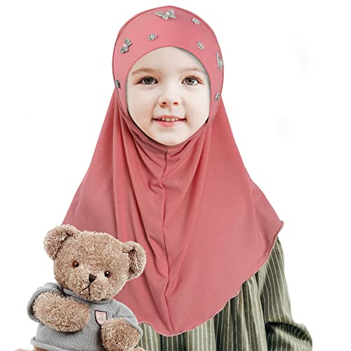 Lenmipot Little Girls Hijab Islamic Kids Hijab Headscarf Handmade Butterfly Rhinestone Muslim Hijab Cap for Girl (2-5year) - color: Bfl- Orange Pink