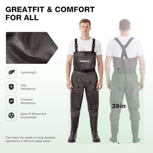 Lekesky Fly Fishing Chest Waders with Boots for Men Women, US Sizes 5–14,2-Ply Nylon/Pvc Waterproof Waders - color: Brown, size: M6/W8