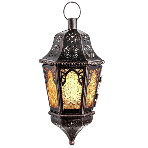 Moroccan Lantern Decorative Indoor & Outdoor, 13.6’’ Vintage Decorative Hanging Lanterns with Chain for Home Porch Patio Decor, Metal Christmas Ramadan Candle Holder Decorations (Amber)