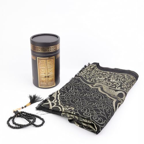 Taffeta Muslim Prayer Rug Set, Black Gold Kaaba Door Gift Box | Lightweight Taffeta Fabric, Black & Gold Cylinder Box, Pearl Prayer Beads, Islamic Janamaz Sajada, Eid Ramadan Gift - color: Black/Cylinder Gift Box