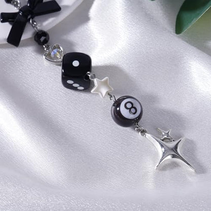 Black Bow Car Mirror Chain Y2k 8 Ball Star Beaded Hanging Charm | Y2k Aesthetic Hanging Charm With 8 Ball And Star Pendant. Beaded Car Rearview Mirror Chain. Cute Car Interior Decor - style: Star