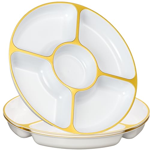 PLASTICPRO 5 Sectional Round Plastic Heavy duty Serving Tray/Platters White With Gold Rim Pack of 2 - color: WHITE WITH GOLD RIM