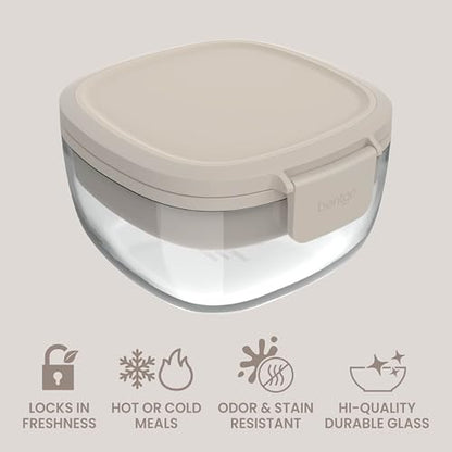 Bentgo Glass Salad Container - 7.6-Cup Salad Bowl with Airtight Lid, Leak-Proof Sauce Container, 4-Compartment Bento Tray & Reusable Fork - BPA-Free for Meal Prep, Office & More (White Stone Tan) - color: White Stone Tan