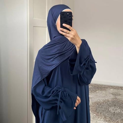ODIZLI Women's Abaya Muslim Long Sleeve Tie Cuffs Prayer Dress Arabic Kaftan Dubai Turkey Islamic Dresses - color: Dark Blue, size: Large