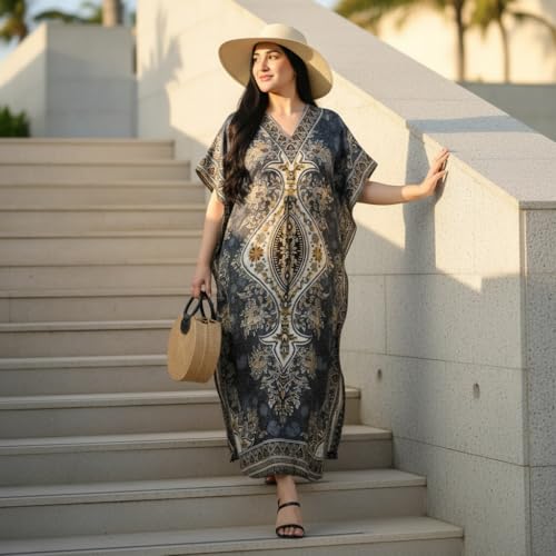 Women's Kaftan Dress – Loose Fit Maxi Gown – Kimono Style Beach Cover Up – Elegant Resort Wear and Nightwear - color: Grey