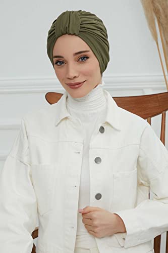 Aisha's Design Instant Turban Plain Cotton Scarf Head Wrap Lightweight Hat Bonnet Cap for Women - color: Khaki