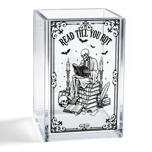 Read Till You Rot Acrylic Pen Holder, Gothic Skeleton Reading Books Desk Pencil Cup Organizer, Book Lover Gifts for Teacher Librarian Reader Bookworm, Halloween Gifts for Student Sister Daughter - color: Clear 2