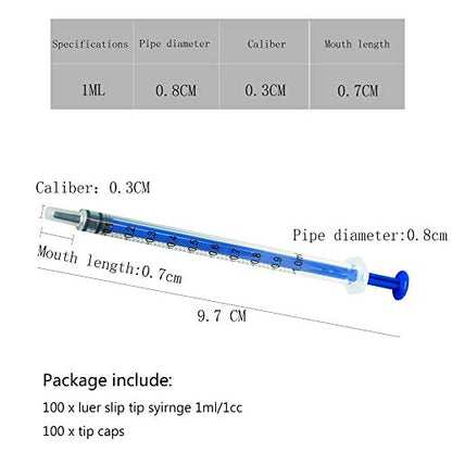 100 Pack Luer Slip Syringe with Cap, 1Milliliter 1cc Syringe No Needle, Non-Sterile, Not for Injection