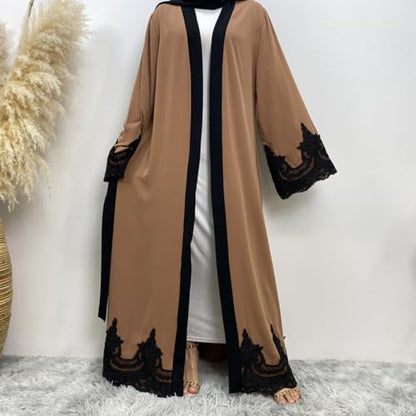 AFAVOM Women Turkey Abaya Islamic Muslim Prayer Dress Embroidered Cardigan Kaftan Dubai Robe Casual Turkish Modest Dress - color: Brown, size: Large