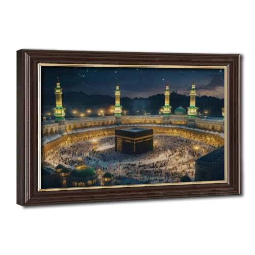 Modern Islamic Wall Art - Masjid al-Haram Kaaba Canvas with Wood Grain Gold Frame, Spiritual Night View Mecca Picture, Ready to Hang Muslim Home Decor, Eid Ramadan Gifts (12x8 inch) - color: Mokume Gane Frame, size: 12"L x 8"W