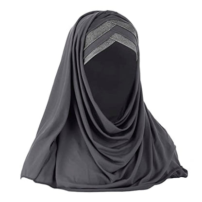 Women Soft One Piece Hijab Long Muslim Turban Islamic Full Head Scarf - color: Grey/Shiny