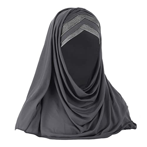 Women Soft One Piece Hijab Long Muslim Turban Islamic Full Head Scarf - color: Grey/Shiny