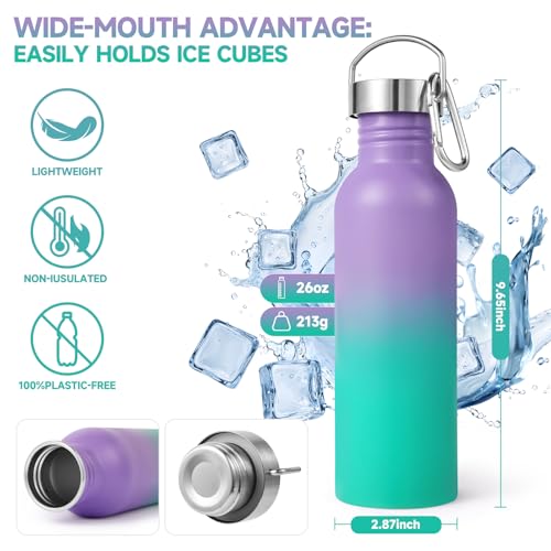 Volhoply 26oz Uninsulated Single Walled Water Bottle, Stainless Steel Reusable Water Bottles with Handle & Carabiner, BPA Free Wide Mouth Water Bottles for Gym Sports Camping（Purple Green,1） - color: Purple Green
